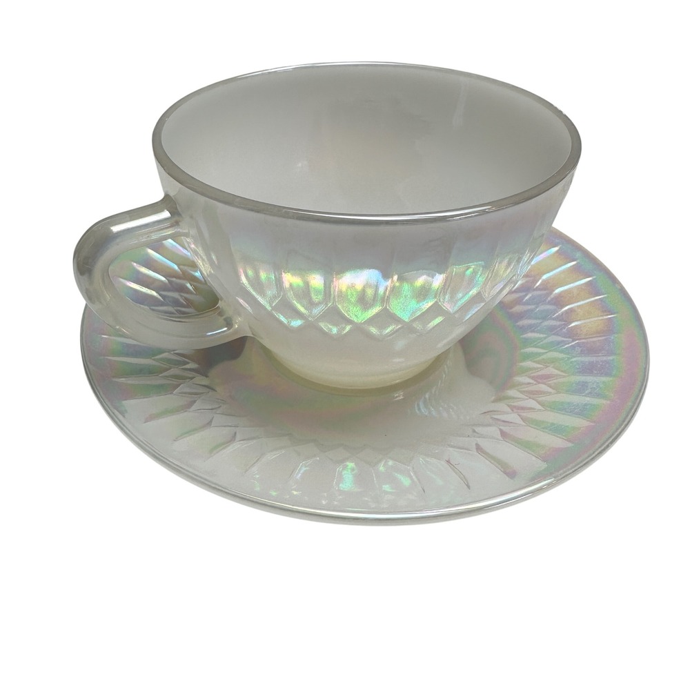 Vintage Federal Glass Moonglow Iridescent Tea Cup Saucer Set Princess Party